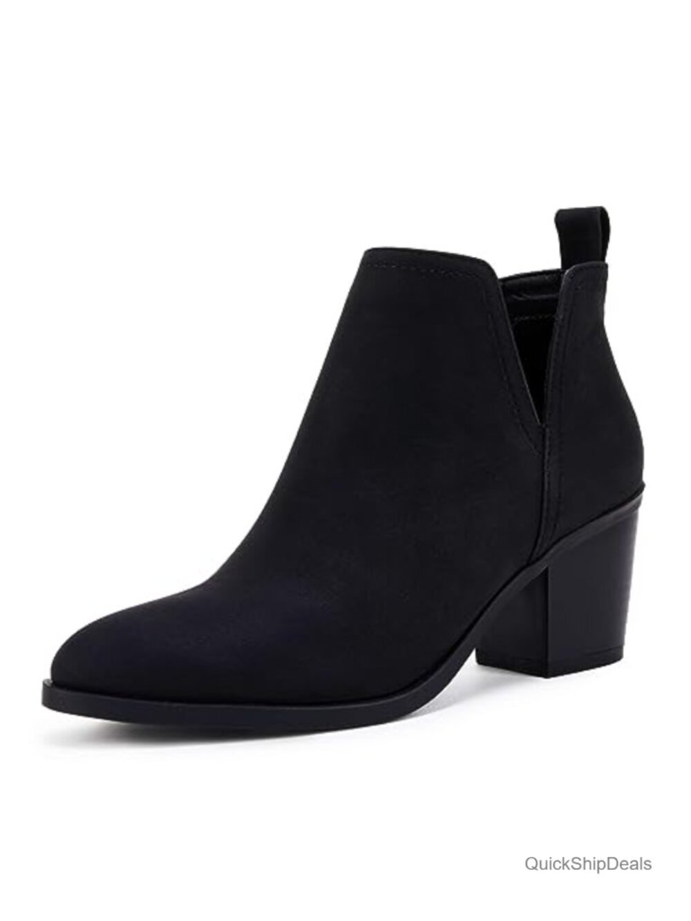 Faux Leather Cut Out Ankle Boots Chunky Stacked Heel Almond Toe Slip On